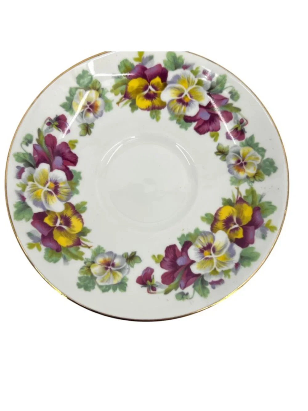 Crown Staffordshire England Purple Yellow Pansies Gold Trimmed F15069